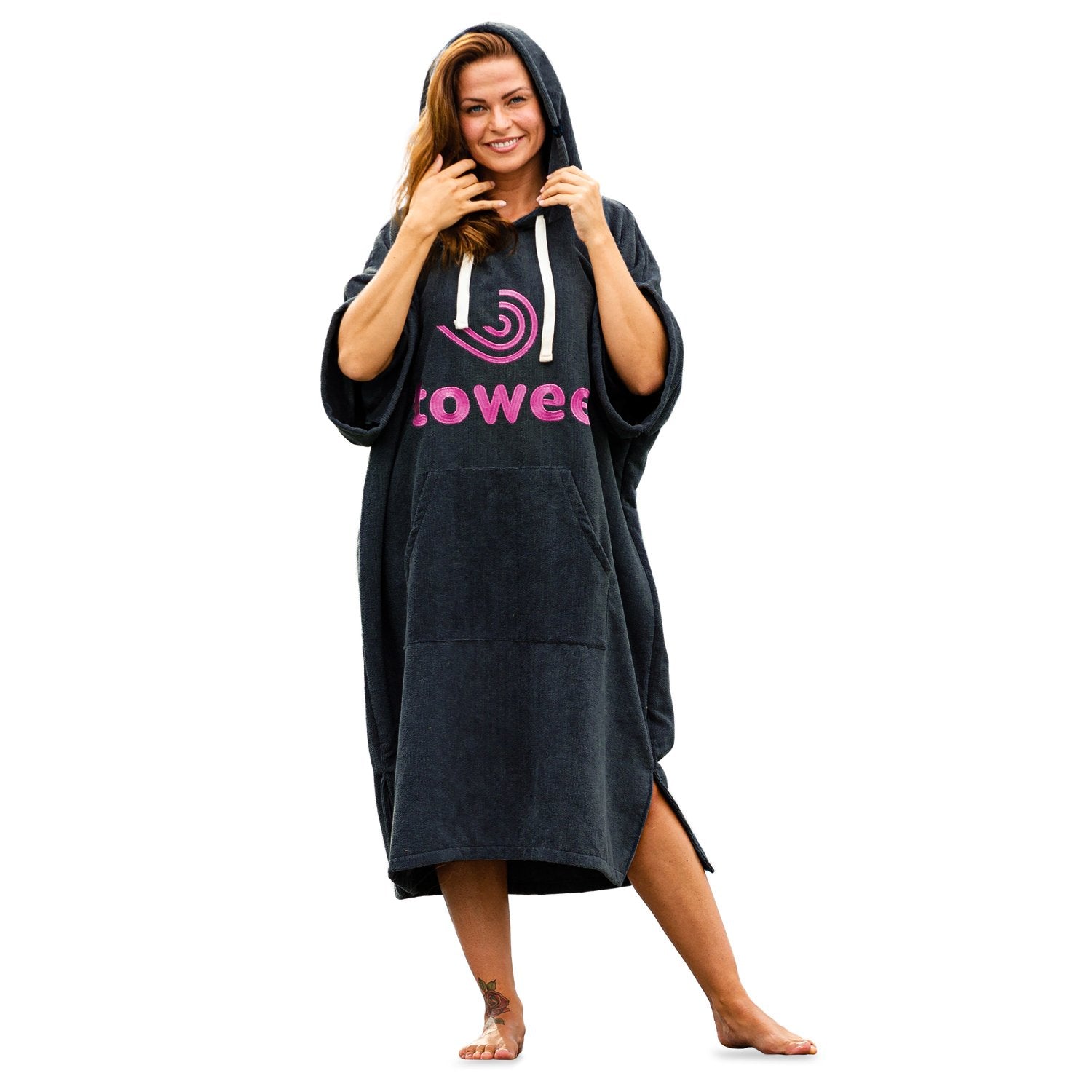 Surf Poncho Towee Antracite con ricamo rosa, 70 x 100 cm